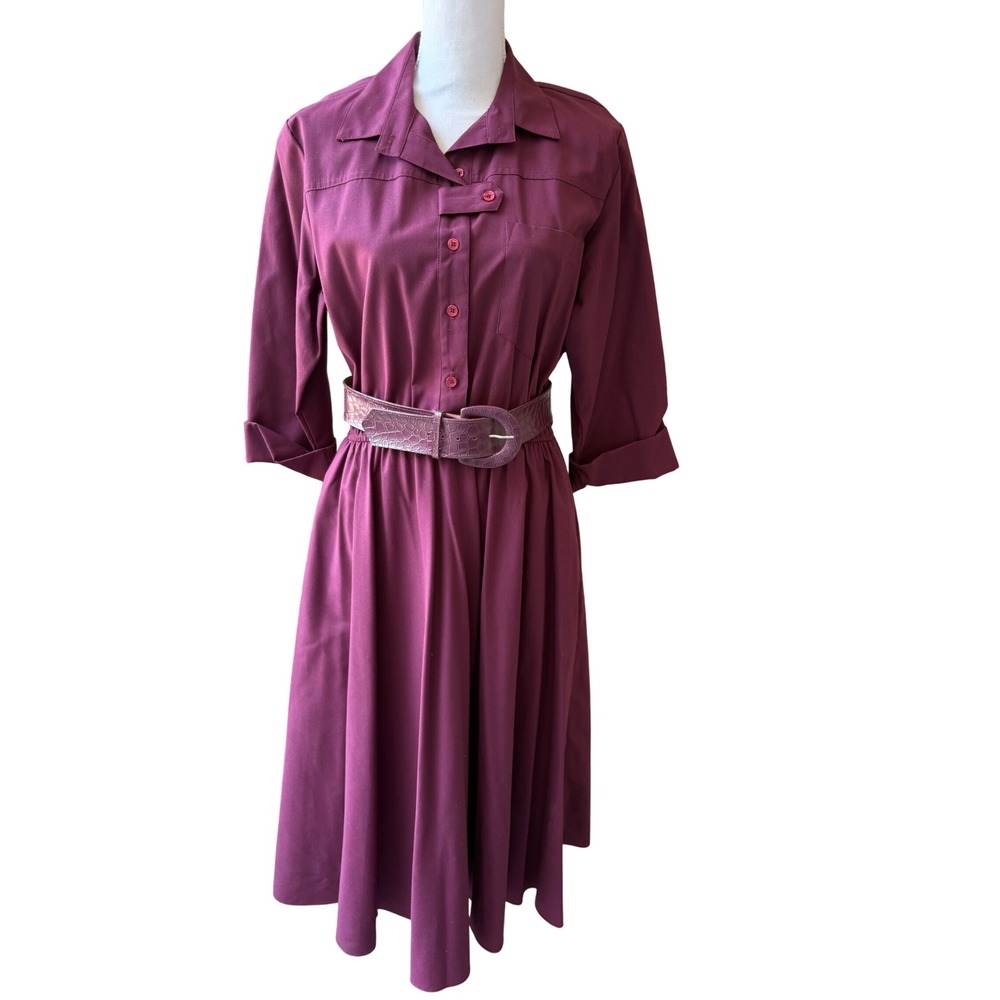 Vintage 70s American Shirt Dress Women 14 Berry Purple Safari Midi Secretary Mod
